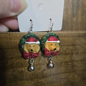 Dog Wreath Santa Hat Christmas Dangle Earrings - Pierced Ears - Golden Retriever